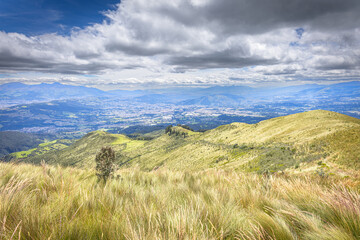 Pichincha Province, Quito, Ecuador - July 5, 2025: View of the valleys of southeastern Quito from...