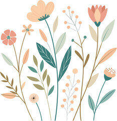 Minimal wildflower pattern on clean white background, light beige and pastel color palette, elegant nature feel.
