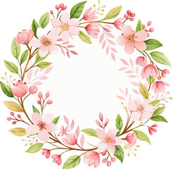 Spring floral border with cherry blossoms and watercolor leaves around white space center, perfect for invitation design.