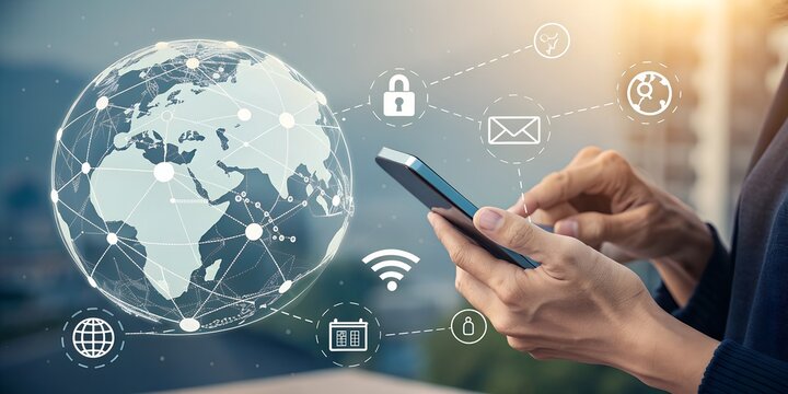 A person using a smartphone with a global network and various icons floating around it.