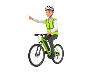 Obraz premium Man in safety vest riding a green bicycle and pointing to the side