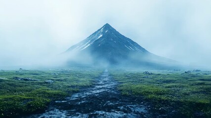 Misty path leading to a majestic, snow-capped peak shrouded in fog