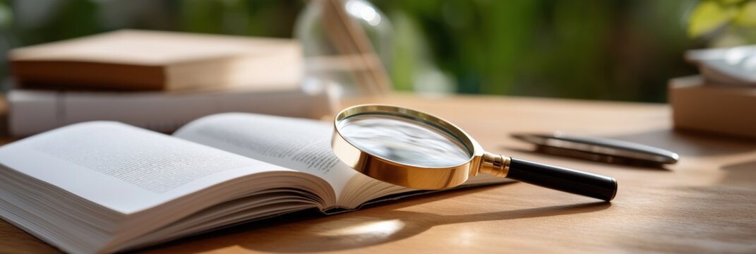 Golden magnifying glass on open book in sunlit study environment
