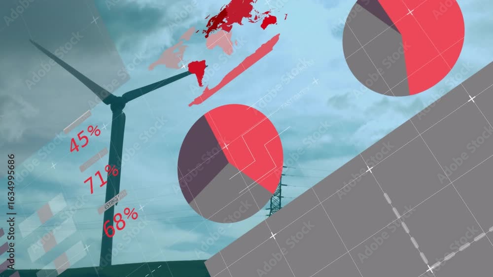 Poster gusty wind spinning turbine with red charts sliding in showing power output sliding out