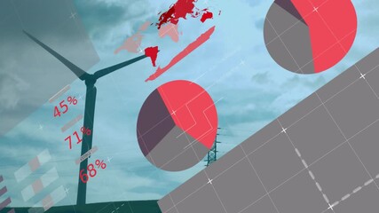 Gusty wind spinning turbine with red charts sliding in showing power output sliding out - Powered by Adobe