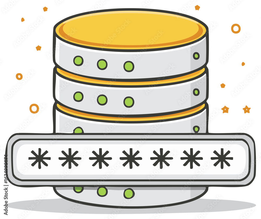 Poster cartoon database storage with password, data security illustration, server access control and protec