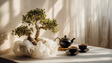 Serene scene, bonsai tree with teapot, tea cups and curtains