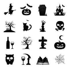Fototapeta premium Vector illustration of halloween icons featuring witch on broom pumpkin bat skull and spooky elements for halloween celebration