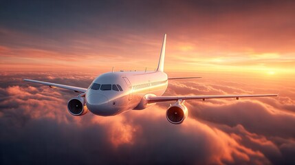 A stunning aerial view showcases an airplane soaring above a sea of clouds at sunset.