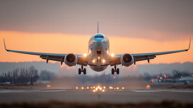 Fototapeta A Boeing 737 plane takes off at sunset, with its lights shining brightly.