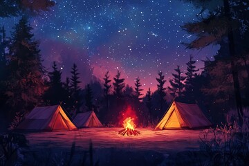 Tent camps across countries - flat tents, fire, night sky with tiny stars.