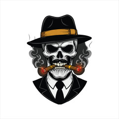 Skull Mafia Boss Smoking Cigars Illustration Depicts a Skull Wearing a Fedora and Suit, Embodying Underworld Charm