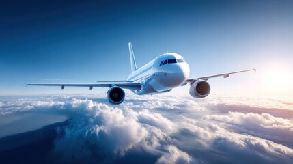 Naklejka premium A stunning view of an airplane flying high above the clouds on a sunny day.