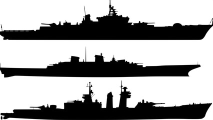 "Set of black naval ship outlines on white, showing different ship types (destroyer, carrier, submarine, etc.), each isolated with clear spacing, with a strong emphasis on shape, balance, and technica