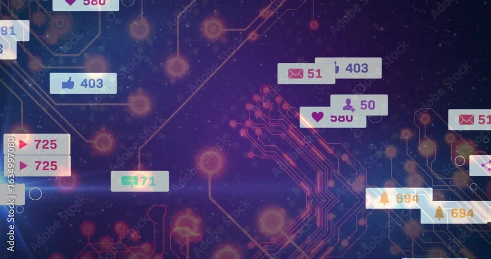 Poster upon loading notification labels sliding in, fading, clustering and drifting illustrating data flow