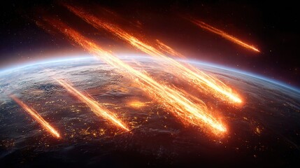 Obraz premium Dramatic view of meteors colliding with earth, creating a stunning celestial display.