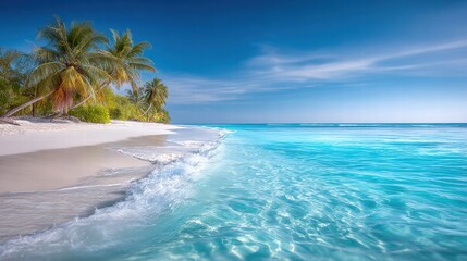 Fototapeta premium A beautiful tropical beach scene with crystal clear water and palm trees under a sunny blue sky.