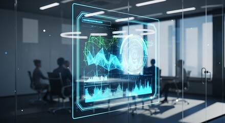 futuristic digital data visualization hologram showing analytics and graphs in modern office.