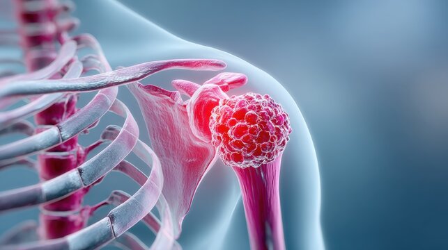 Close-up view of proximal humerus and glenoid highlighting osteosarcoma mass