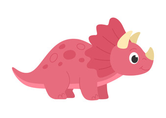 Childrens cartoon dinosaur triceratops. Cute pink dinosaur with horns and a collar. Cute little prehistoric animal. Vector illustration.