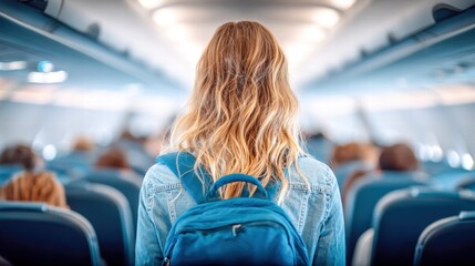 A woman with a backpack walks down an airplane aisle on her journey.