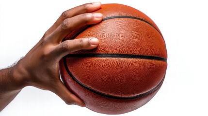 A close-up shot captures a hand firmly holding a basketball against a white backdrop.