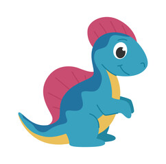 Childrens cartoon dinosaur corythosaurus. Cute blue dinosaur with a red crest on his head and back. Cute little prehistoric animal. Vector illustration.