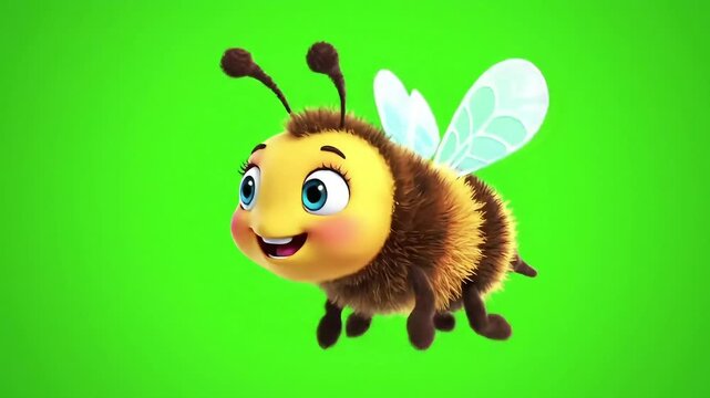 Cute cartoon bee flies, green screen background, animation
