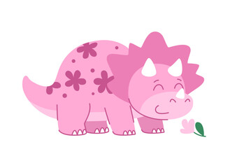 Cute herbivorous childrens dinosaur triceratops sniffing a flower. Pink dinosaur with a pattern of flowers. Cute little prehistoric animal. Vector illustration.