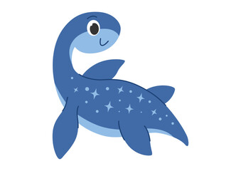 Childrens cartoon dinosaur plesiosaurus. Cute water dinosaur. Cute little prehistoric animal. Vector illustration.