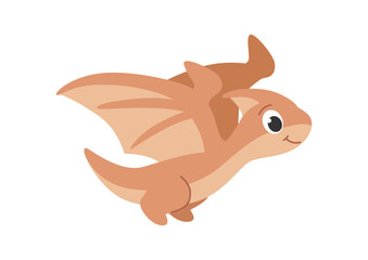 Childrens cartoon dinosaur pterodactyl. Flying prehistoric lizard. Cute little prehistoric animal. Vector illustration on white background.