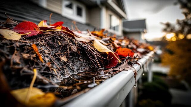 Residential gutter clogged with organic matter emphasizing maintenance need during fall.