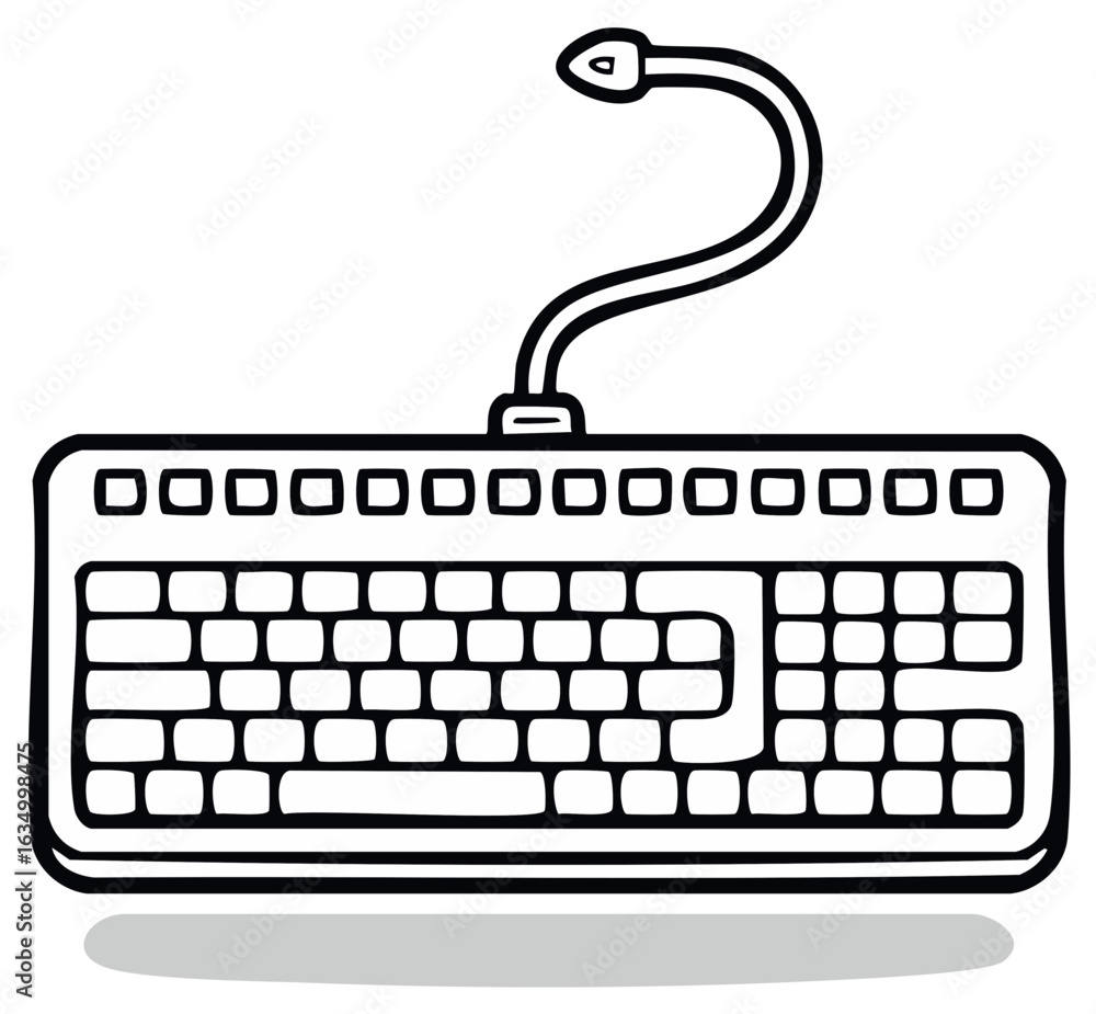 Poster hand drawn illustration of a computer keyboard with a curved connecting cord