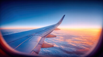 Obraz premium The airplane wing extends over a beautiful sunset as it travels through the sky with clouds below.