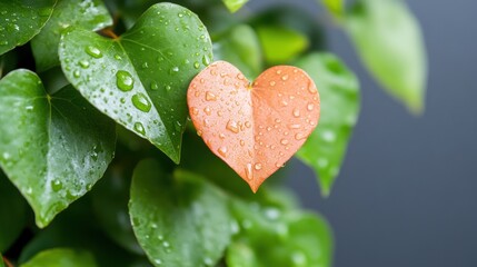 Heart shaped leaf with water droplets on green foliage background