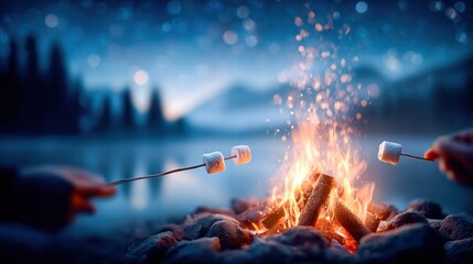 Campfire scene with marshmallows roasting under the night sky by a lake.