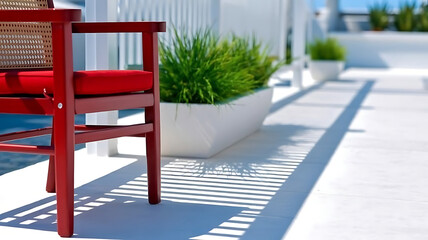 Naklejka premium A red chair on a white deck with plants and shadows creating a bright outdoor scene