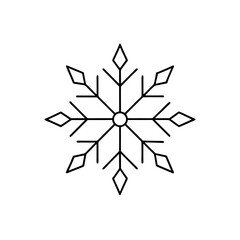 Simple line drawing of a symmetrical snowflake with diamond shaped tips and a circular center design on transparent background