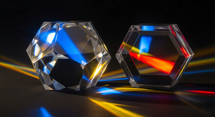 Two faceted crystal prisms refracting colorful light beams, creating a magical and scientific visual effect