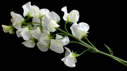 Obraz premium White Sweet Pea Blossoms Pop Against Black. Macro detail, floral designs, botanical prints, garden posters.