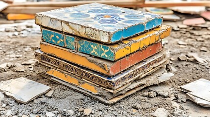 Stack of damaged decorative tiles on a construction site.