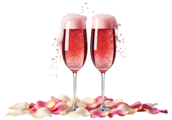 Two champagne flutes filled with pink bubbly drink surrounded by rose petals