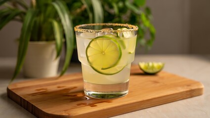 Refreshing Margarita Cocktail with Lime and Sugar Rim on Wooden Board Delicious and Inviting Summer Drink Close Up