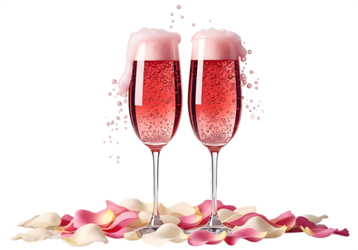 Two champagne flutes filled with pink bubbly drink surrounded by rose petals