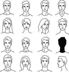 Continuous Line Art Drawing of a Group of Diverse People. Single Line Art of Male and Female Faces from the Front and Side. Vector Illustration, Sketch, Isolated on White Background.