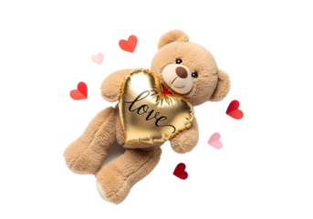 A teddy bear holding a golden heart balloon surrounded by small paper hearts