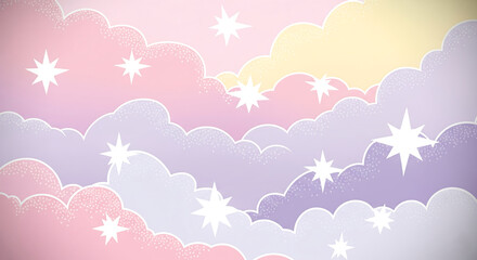 Fototapeta premium A dreamy pastel sky filled with soft clouds and sparkling stars, creating a magical and ethereal background