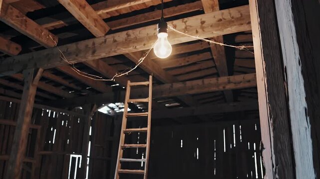 Dimly lit 4K shot of a long abandoned barn interior filled with dust cobwebs and shadows with a rickety wooden ladder catching soft light evoking mystery history and rural decay