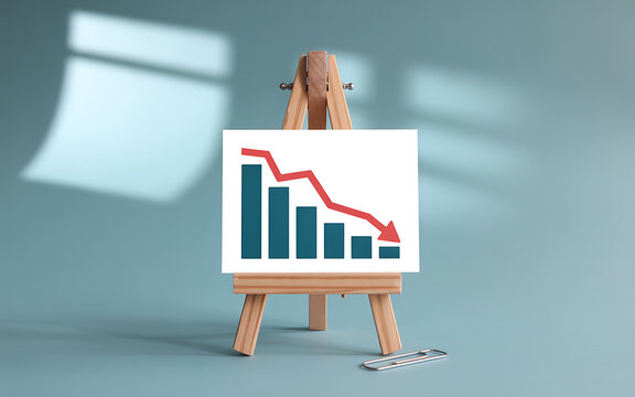 Bar chart with red arrow pointing down on easel graph