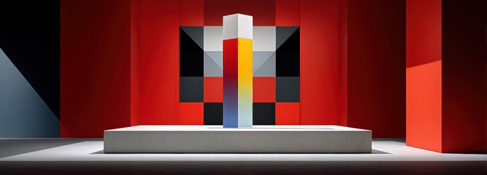 Contemporary constructivist art featuring a glass prism on a minimalistic white plinth